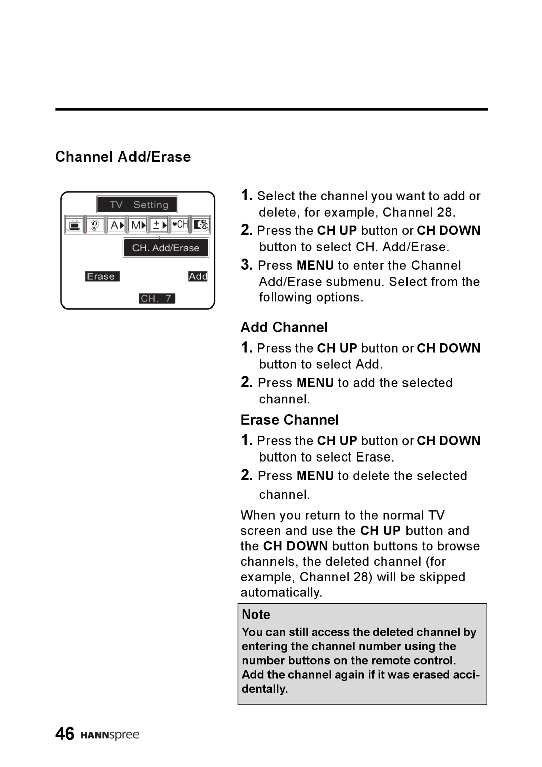 HANNspree LT01-10A1 user manual Channel Add/Erase, Add Channel, Erase Channel 