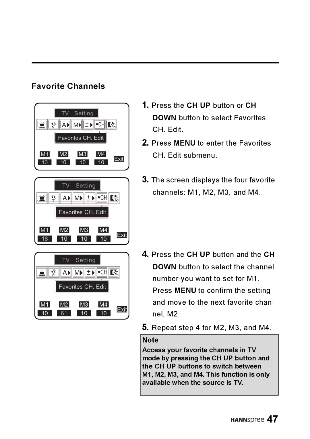 HANNspree LT01-10A1 user manual Favorite Channels 