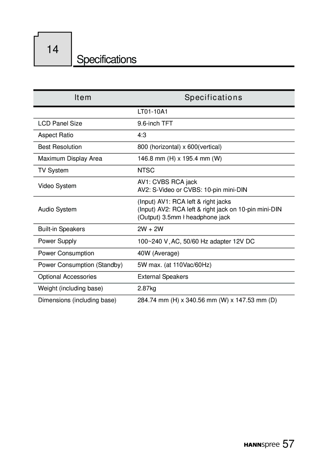 HANNspree LT01-10A1 user manual Specifications 