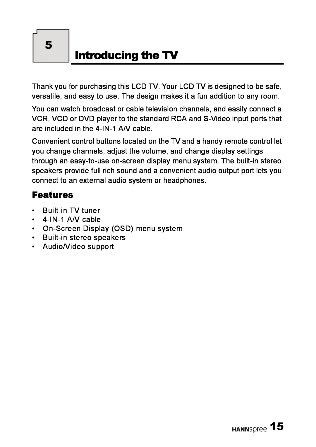 HANNspree LT02-12U1-000 user manual Introducing the TV, Features 