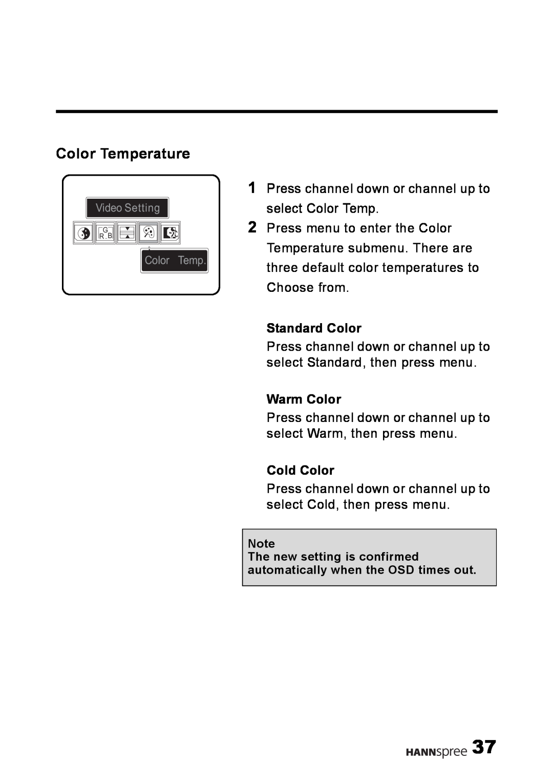 HANNspree LT02-12U1-000 user manual Color Temperature, Standard Color, Warm Color, Cold Color 