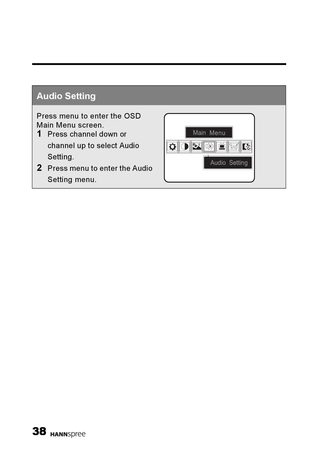 HANNspree LT02-12U1-000 user manual Audio Setting, Press menu to enter the OSD Main Menu screen 