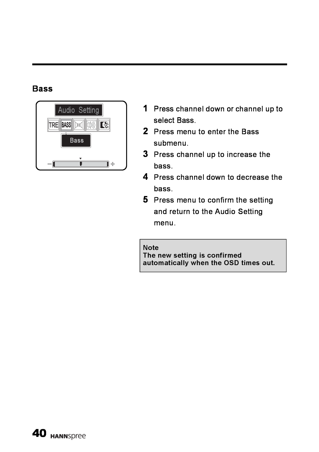 HANNspree LT02-12U1-000 user manual Audio Setting, Press channel down or channel up to select Bass, Tre Bass 
