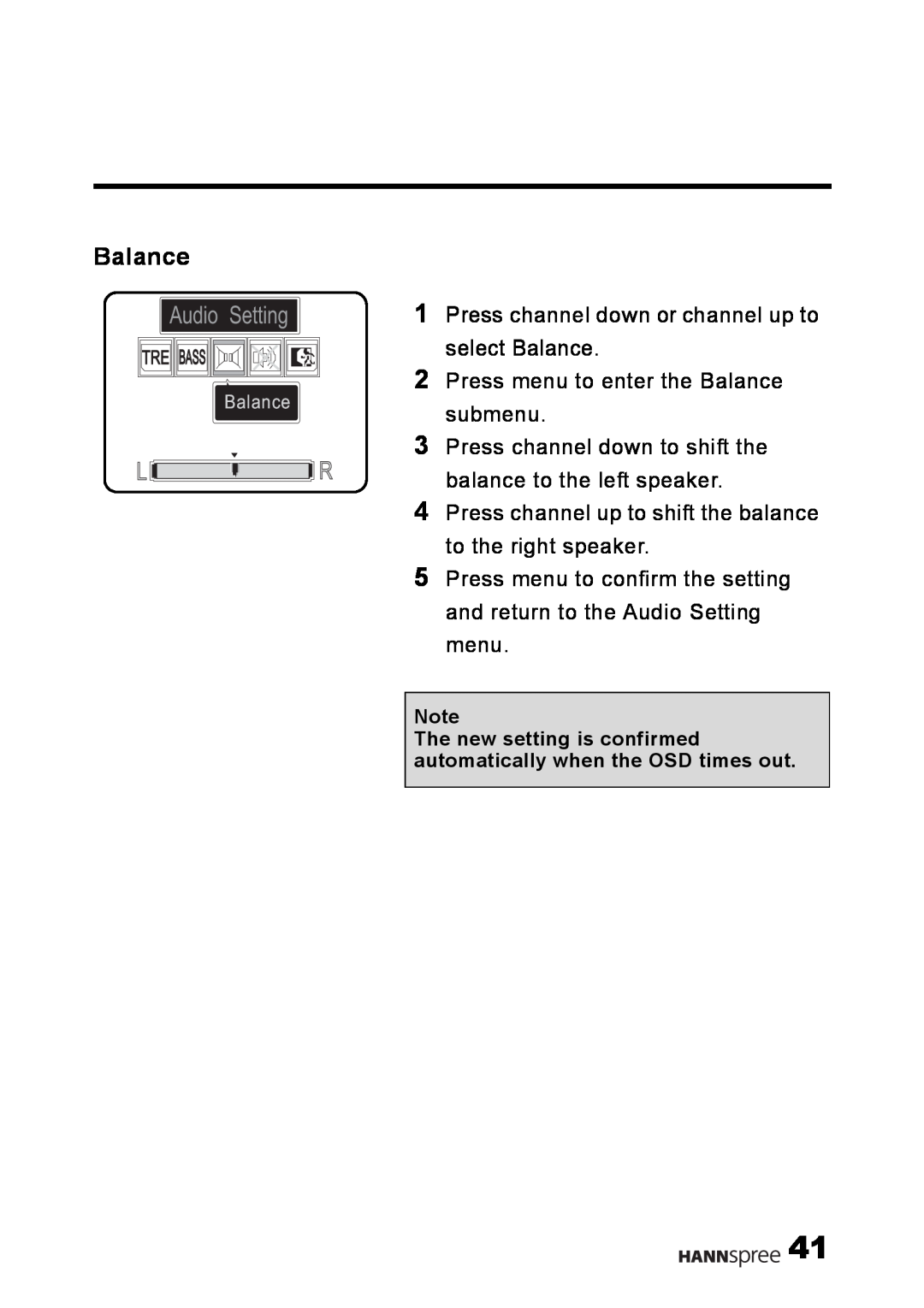 HANNspree LT02-12U1-000 user manual Balance, Audio Setting, Tre Bass 