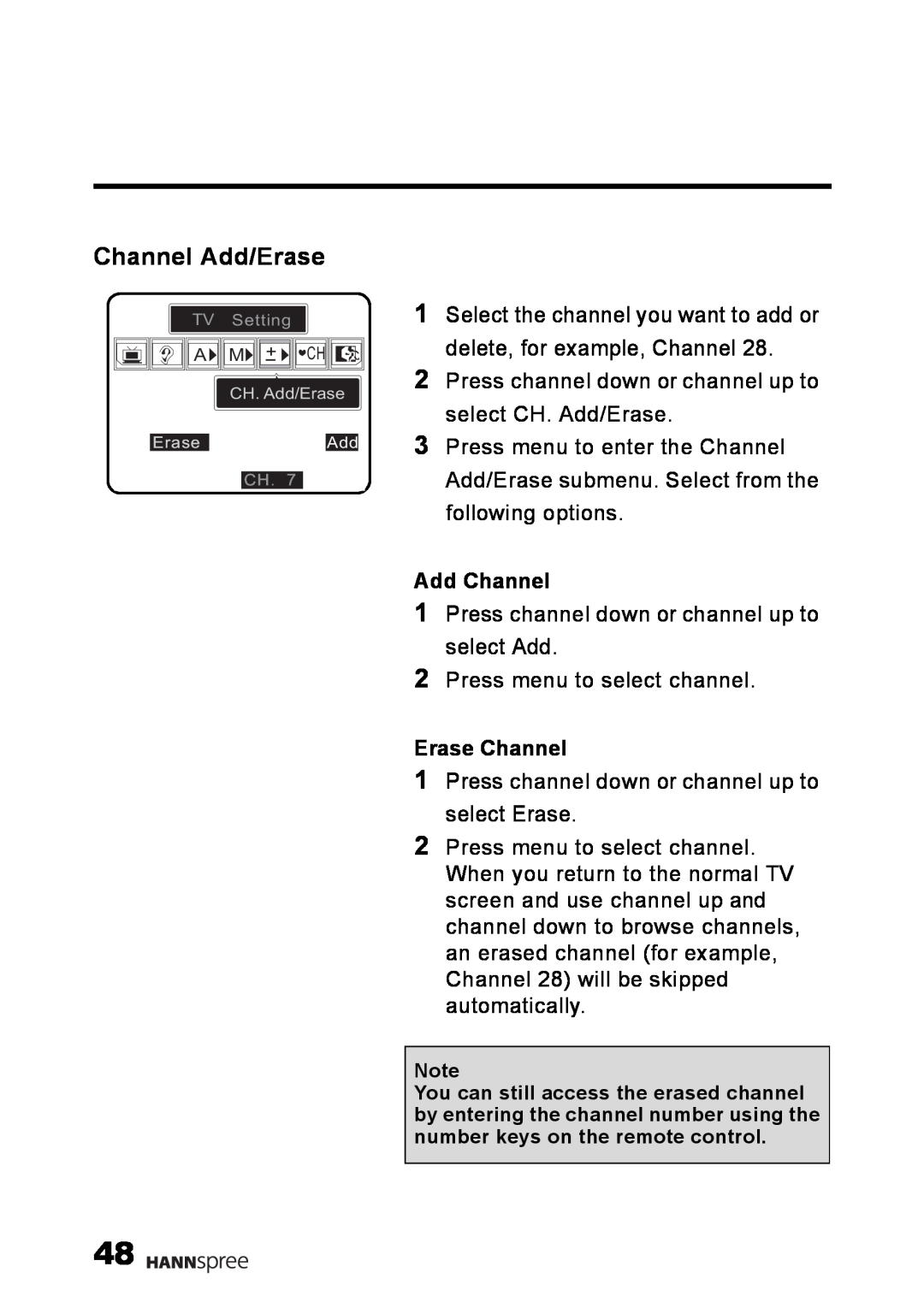 HANNspree LT02-12U1-000 user manual Channel Add/Erase, Add Channel, Erase Channel 
