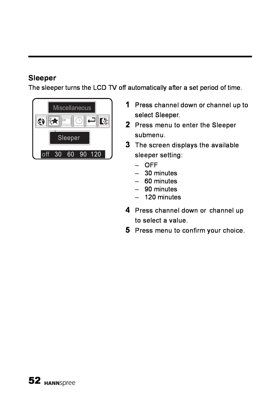 HANNspree LT02-12U1-000 user manual Miscellaneous, off 30 60 90, Press channel down or channel up to select Sleeper 