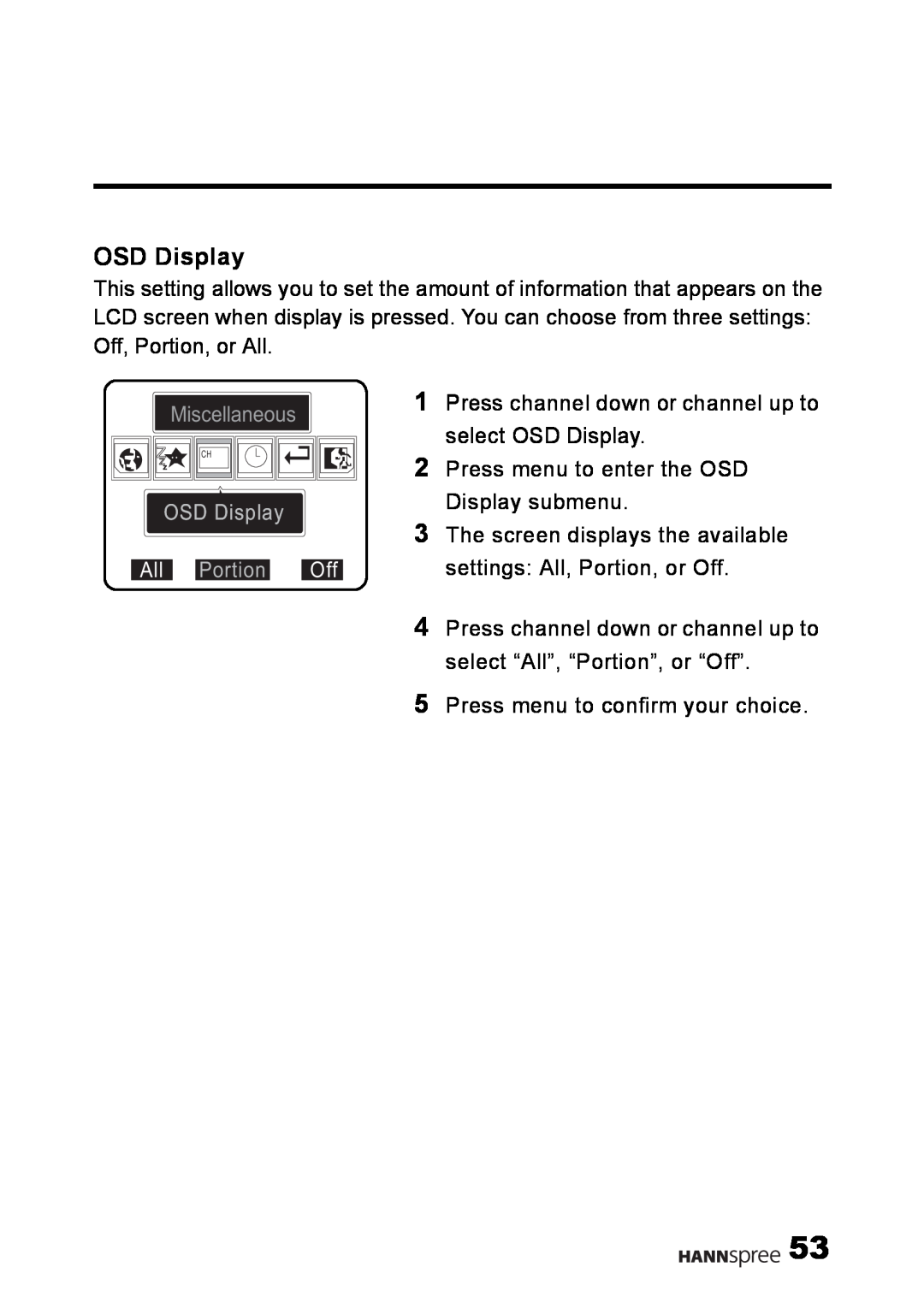 HANNspree LT02-12U1-000 user manual Miscellaneous, OSD Display All Portion Off 