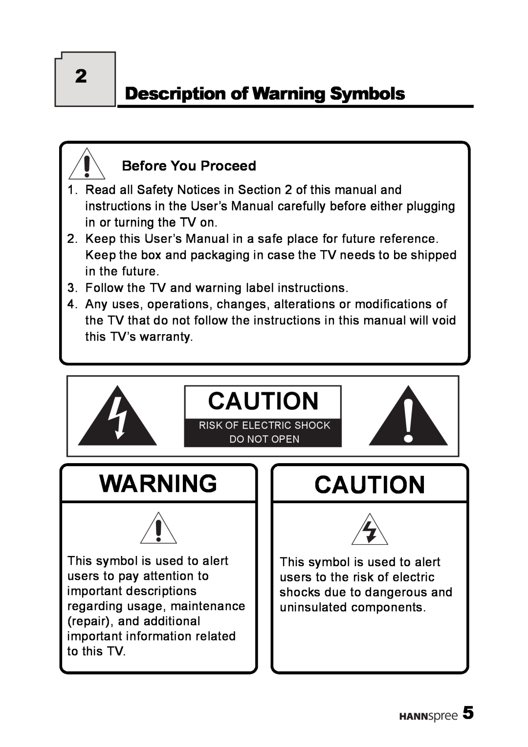 HANNspree LT02-12U1-000 user manual Warning Caution, Description of Warning Symbols, Before You Proceed 