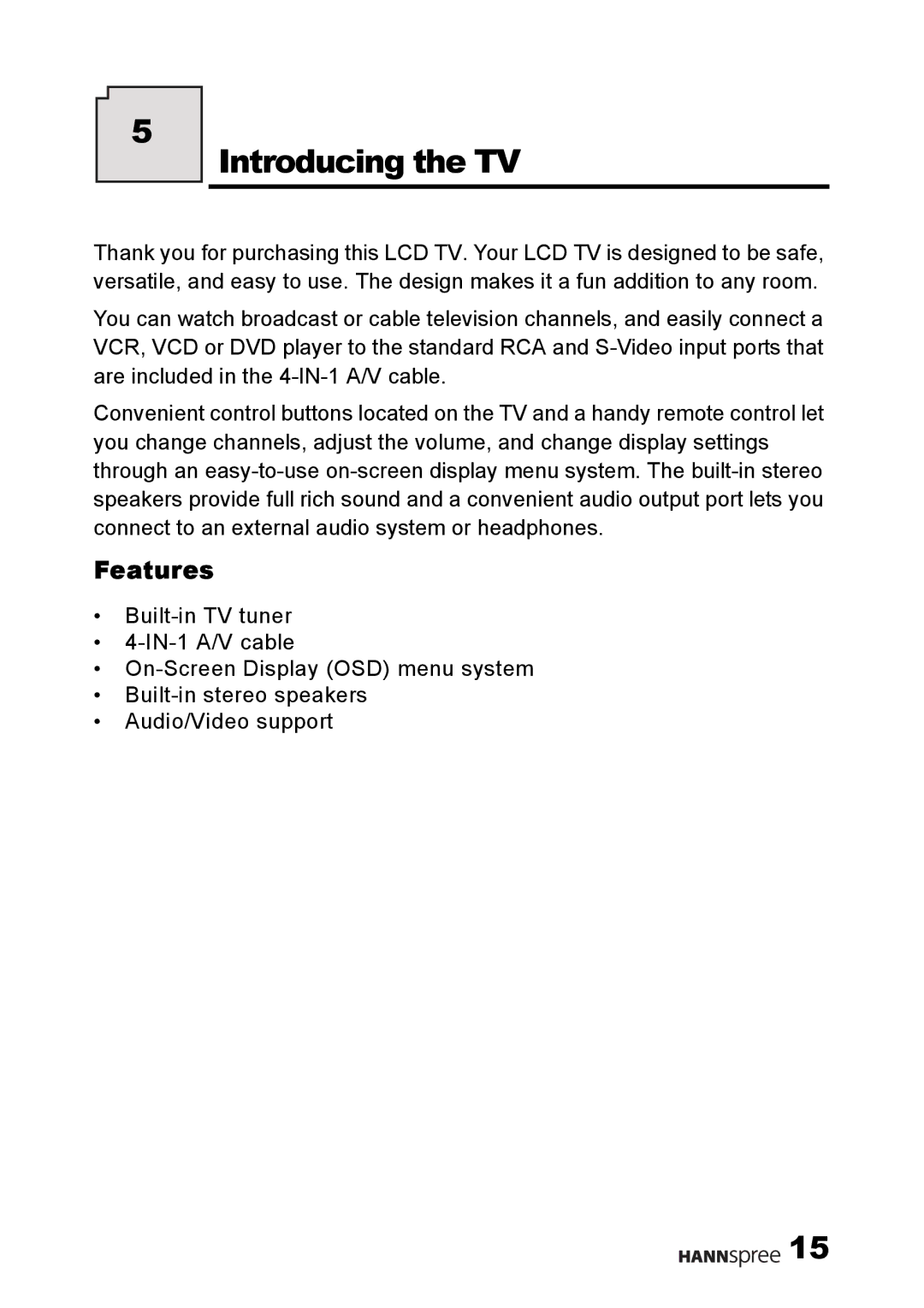 HANNspree LT09-10U1-000 user manual Introducing the TV, Features 