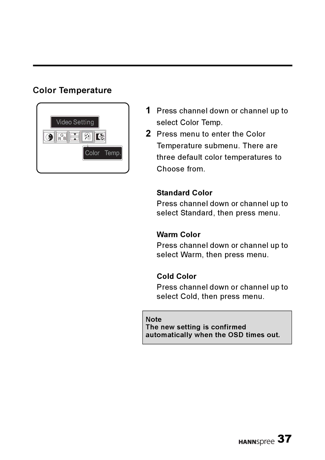 HANNspree LT09-10U1-000 user manual Color Temperature, Standard Color, Warm Color, Cold Color 