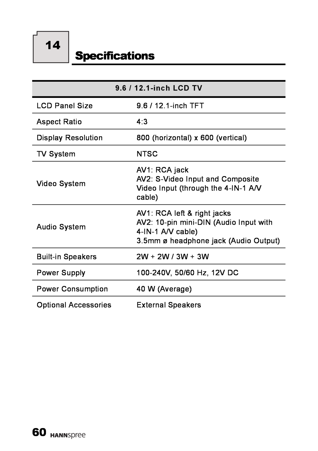HANNspree LT09-10U1-000 user manual Specifications, 9.6 / 12.1-inch LCD TV 