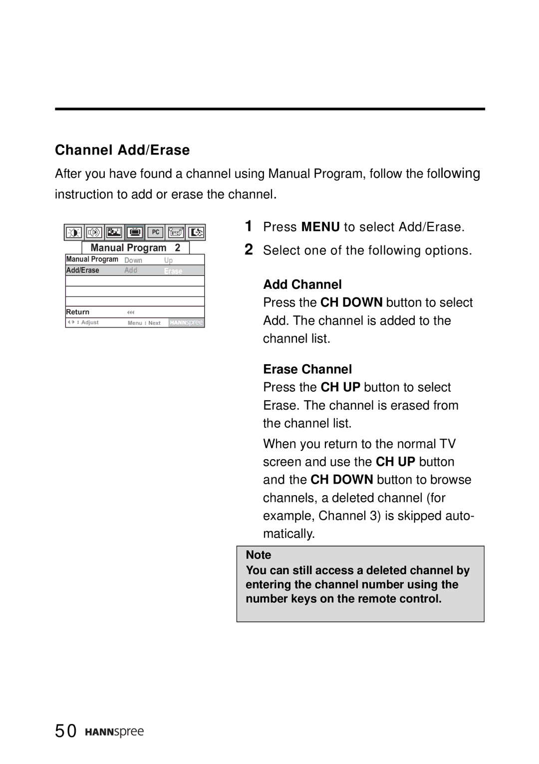 HANNspree LT0B-15A1 user manual Channel Add/Erase, Erase Channel 