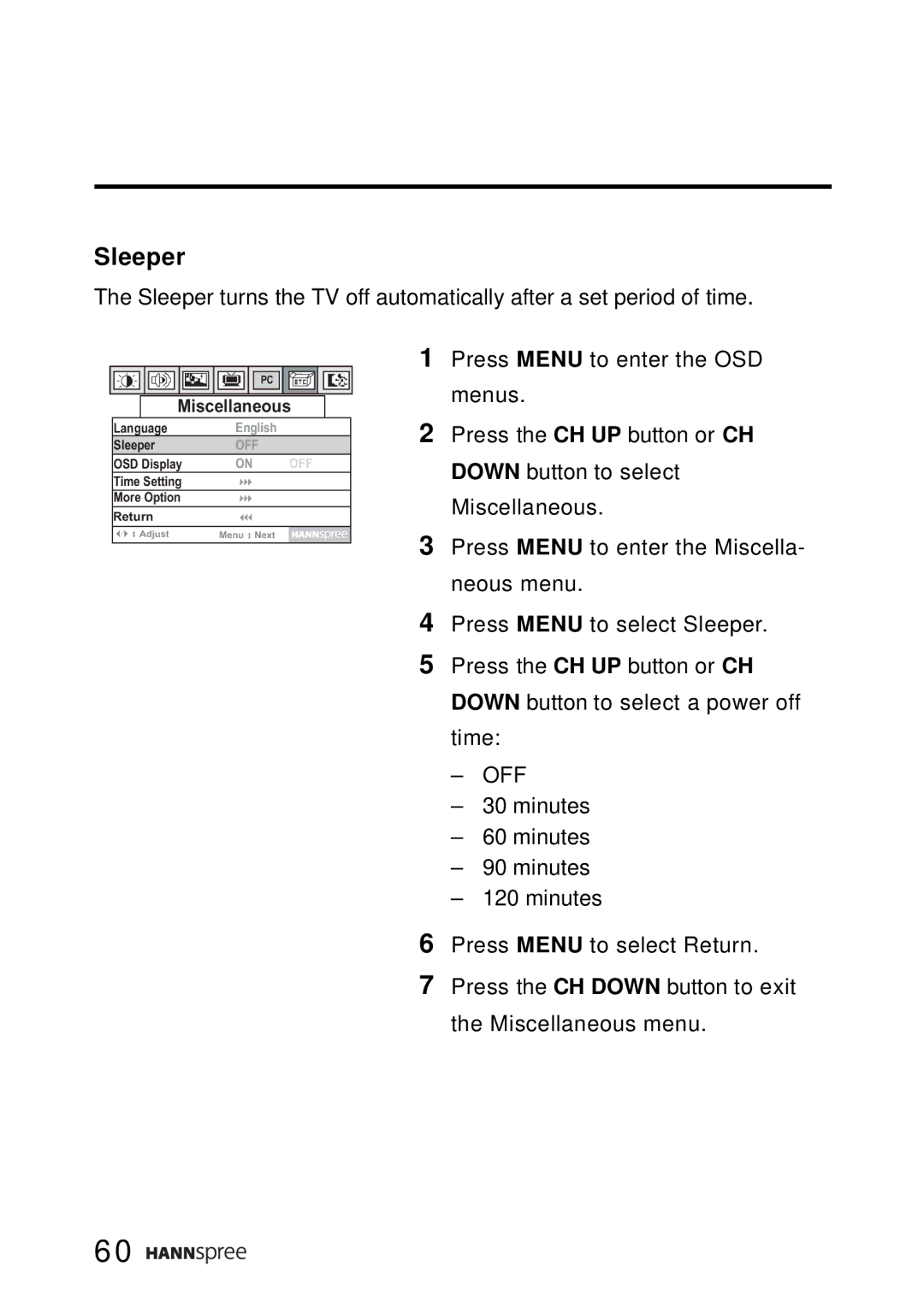 HANNspree LT0B-15A1 user manual Sleeper, Off 