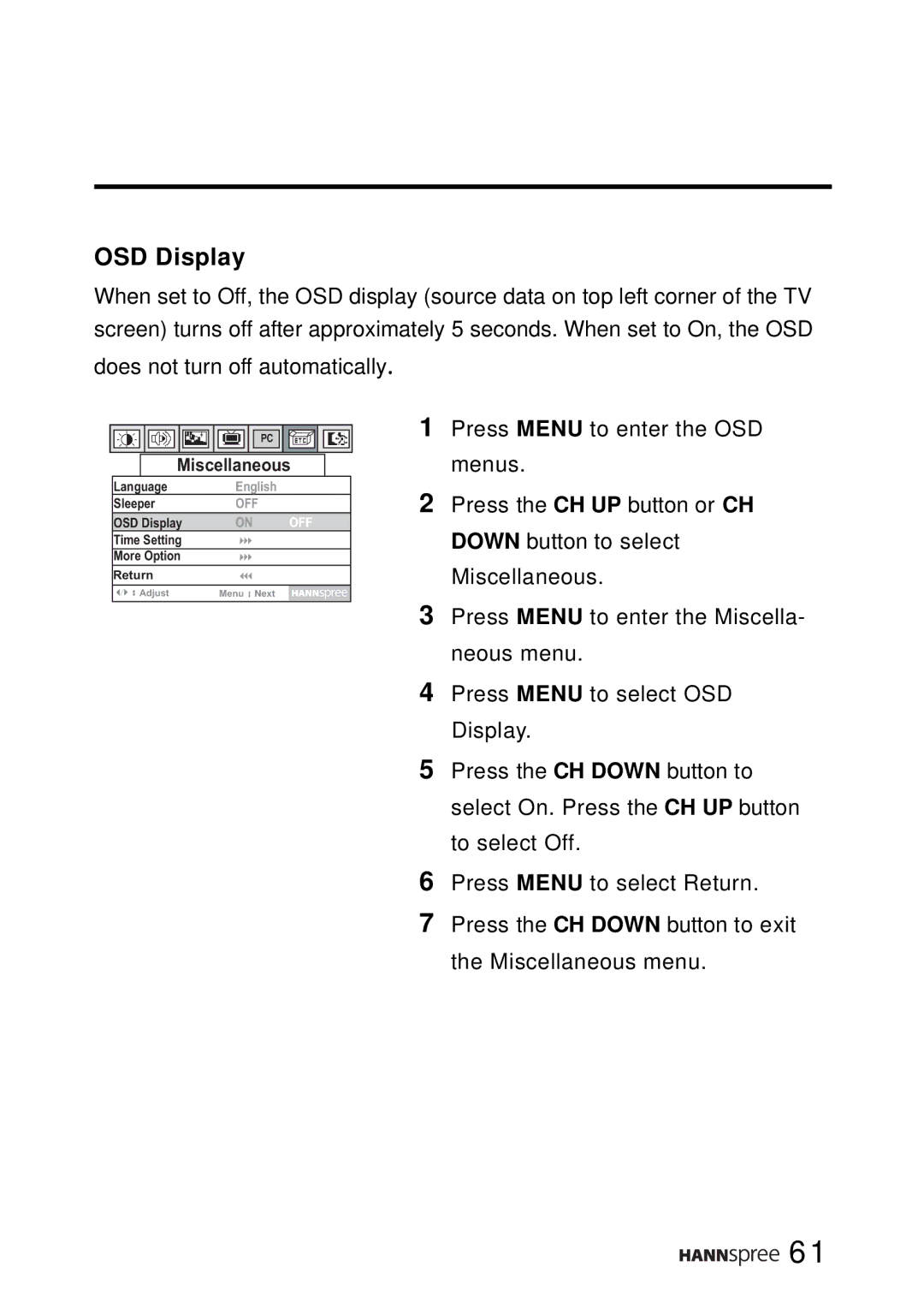 HANNspree LT0B-15A1 user manual OSD Display 