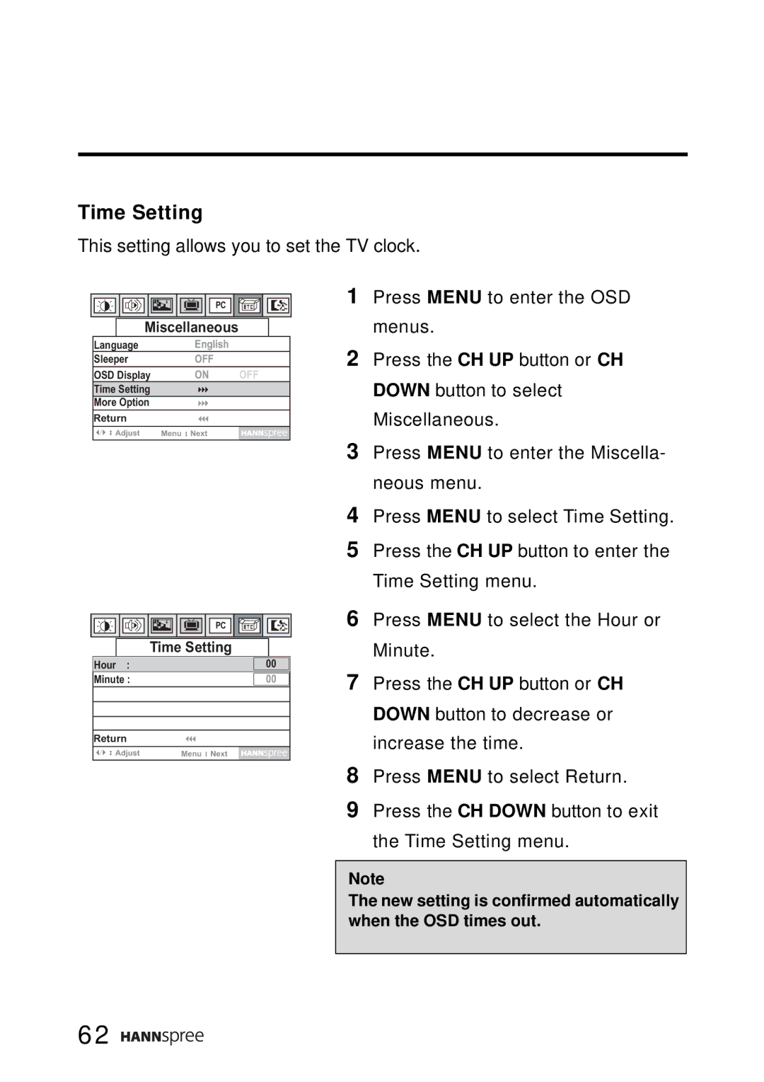 HANNspree LT0B-15A1 user manual Time Setting, This setting allows you to set the TV clock 