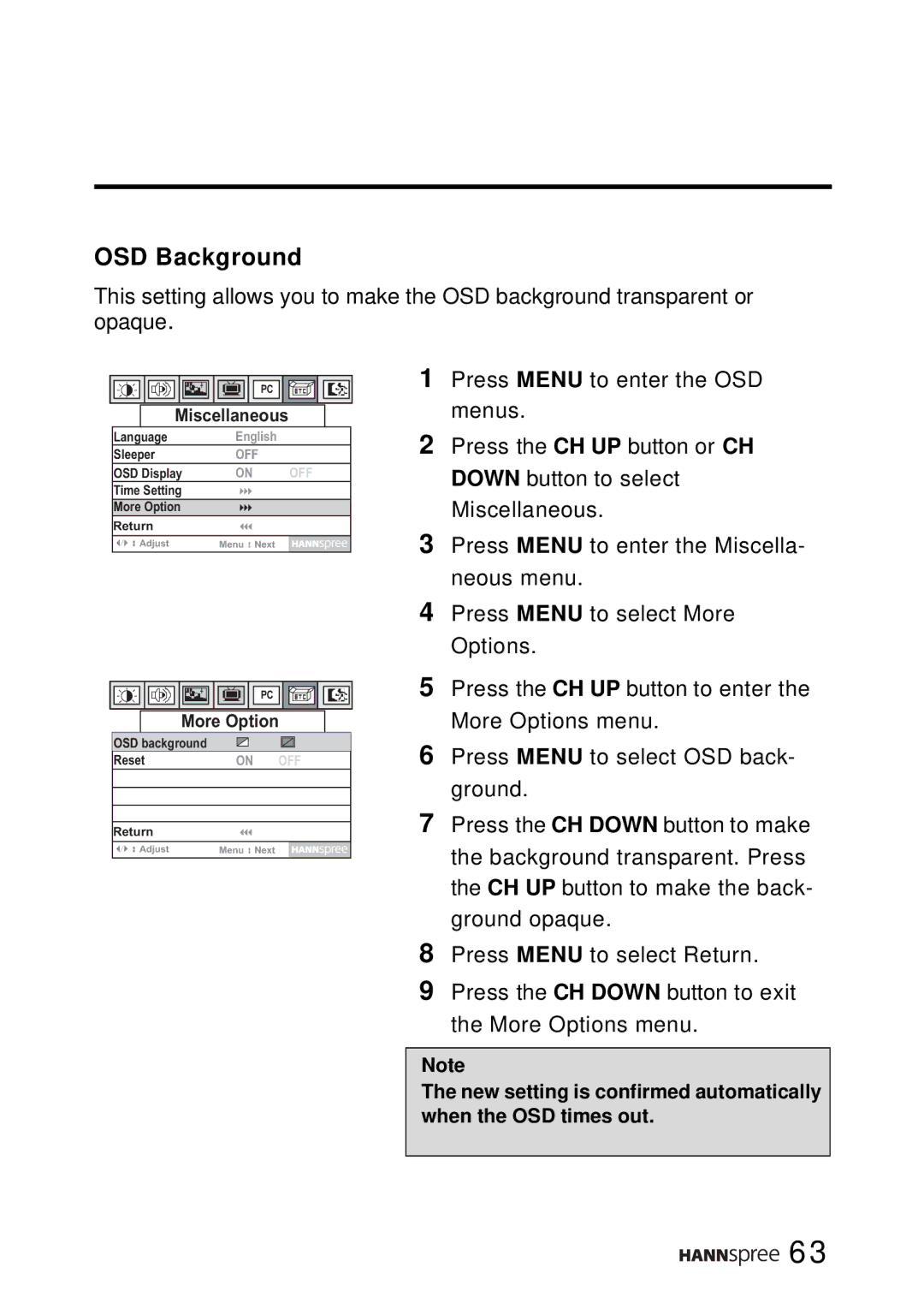 HANNspree LT0B-15A1 user manual OSD Background 