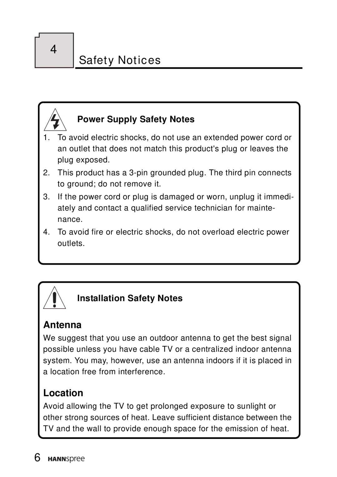 HANNspree LT0B-15A1 user manual Safety Notices, Power Supply Safety Notes, Installation Safety Notes 