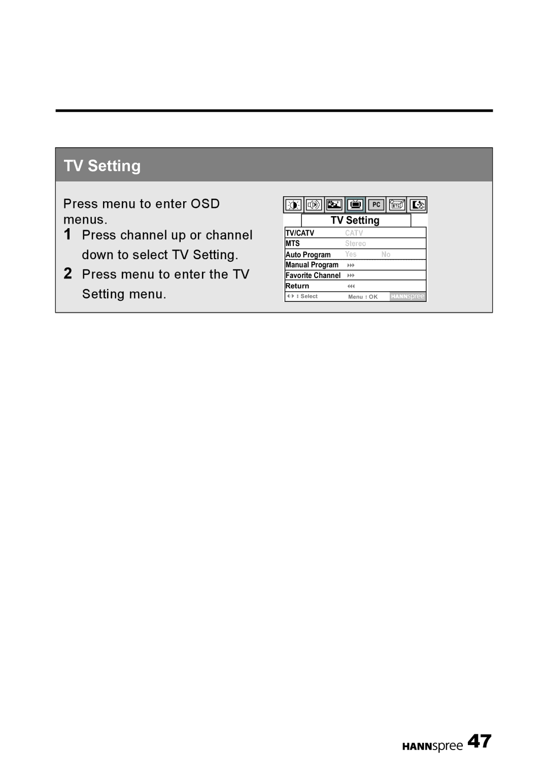 HANNspree LT0B-15U1-000 user manual TV Setting 