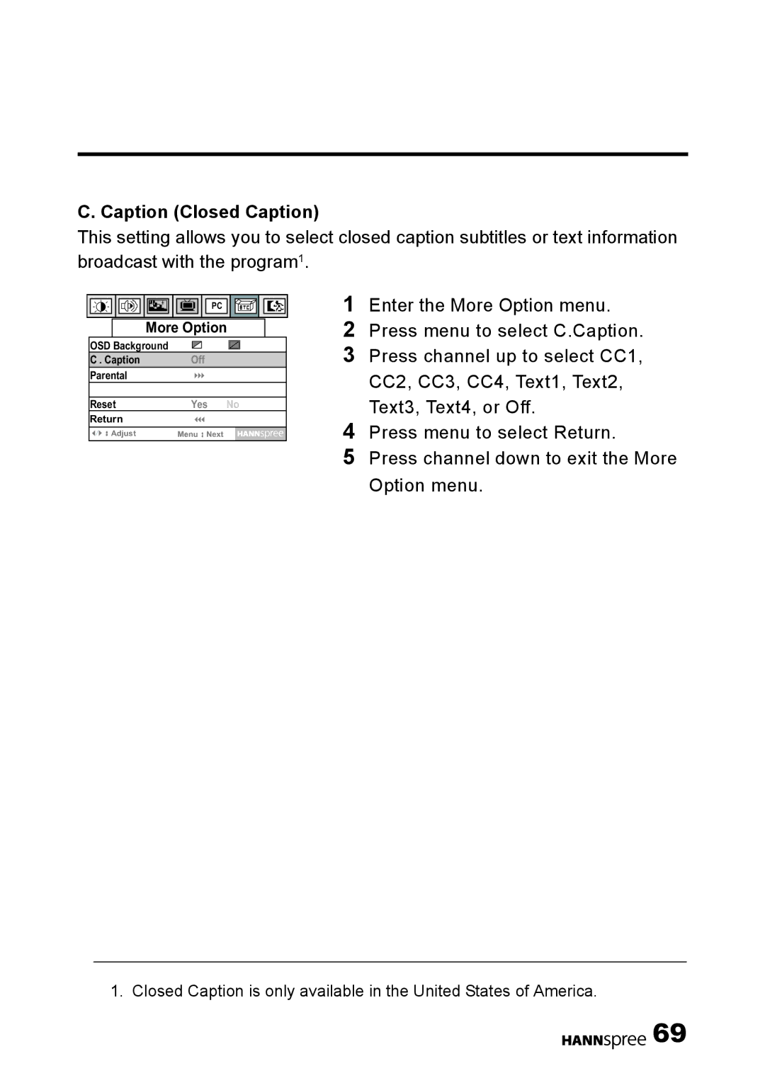 HANNspree LT0B-15U1-000 user manual Caption Closed Caption 