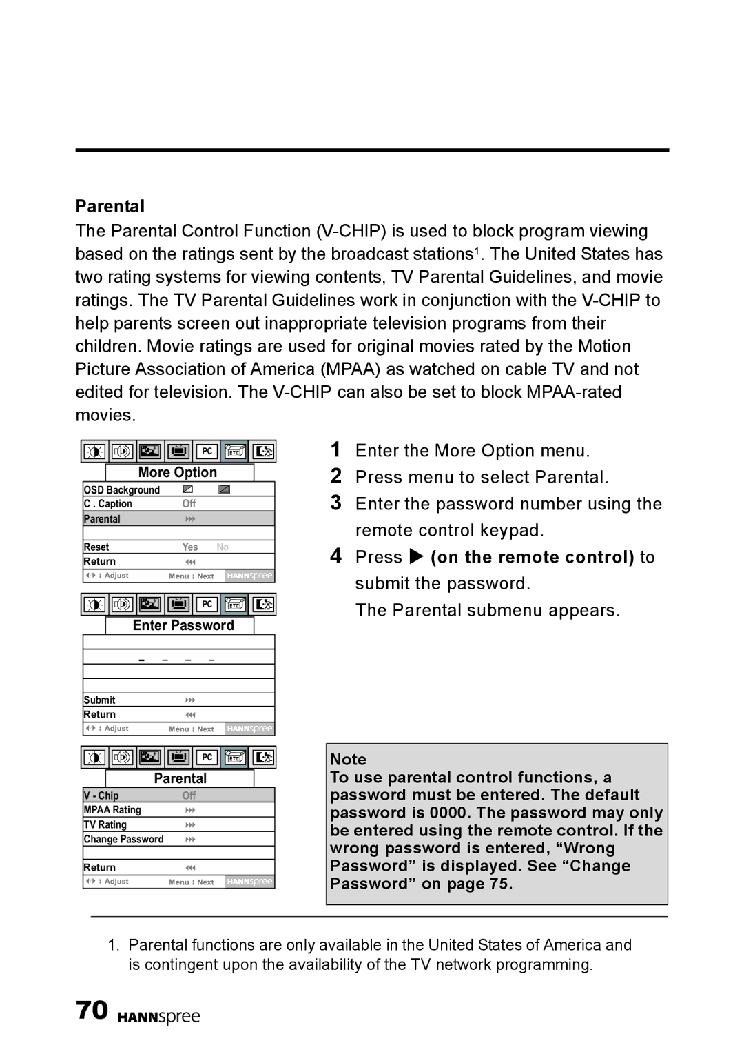 HANNspree LT0B-15U1-000 user manual Parental, Press X on the remote control to submit the password 