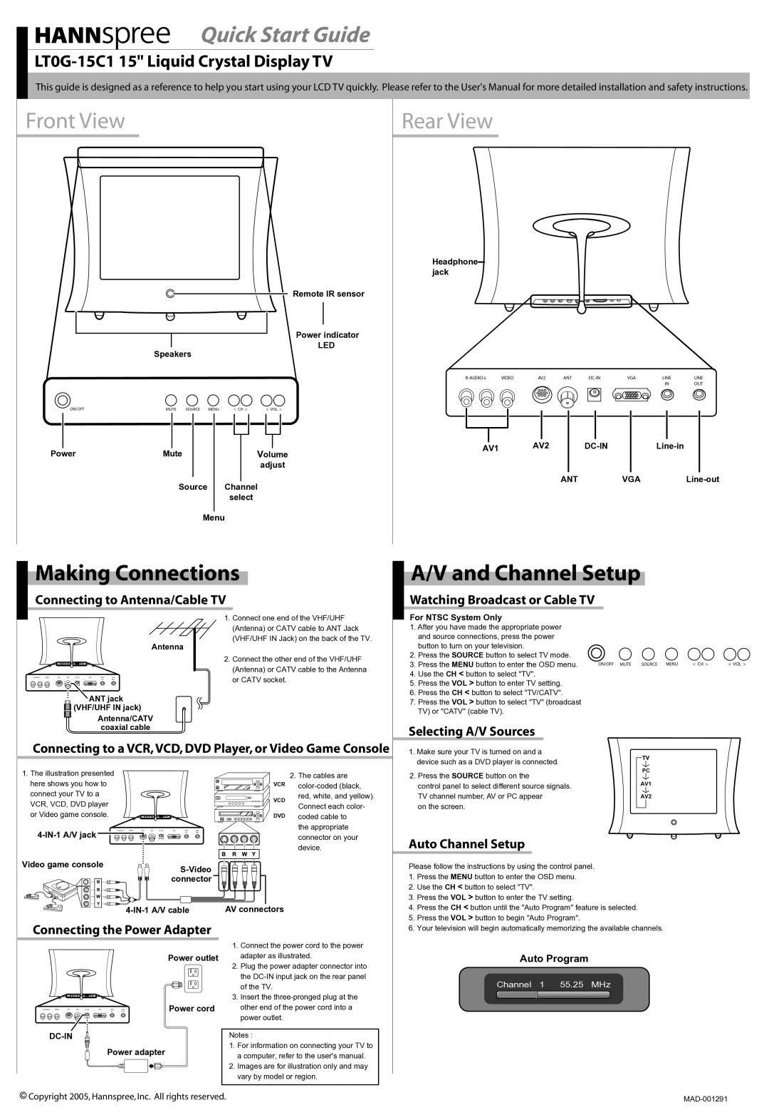 HANNspree LT0G-15C1 quick start Making Connections, Channel Setup 