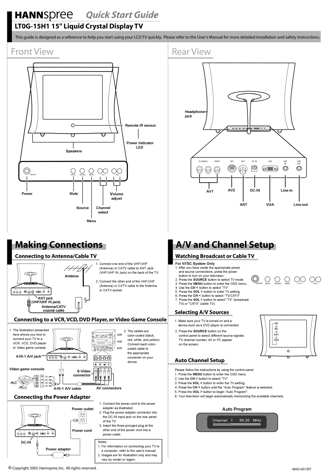 HANNspree LT0G-15H1 quick start Making Connections, Channel Setup 