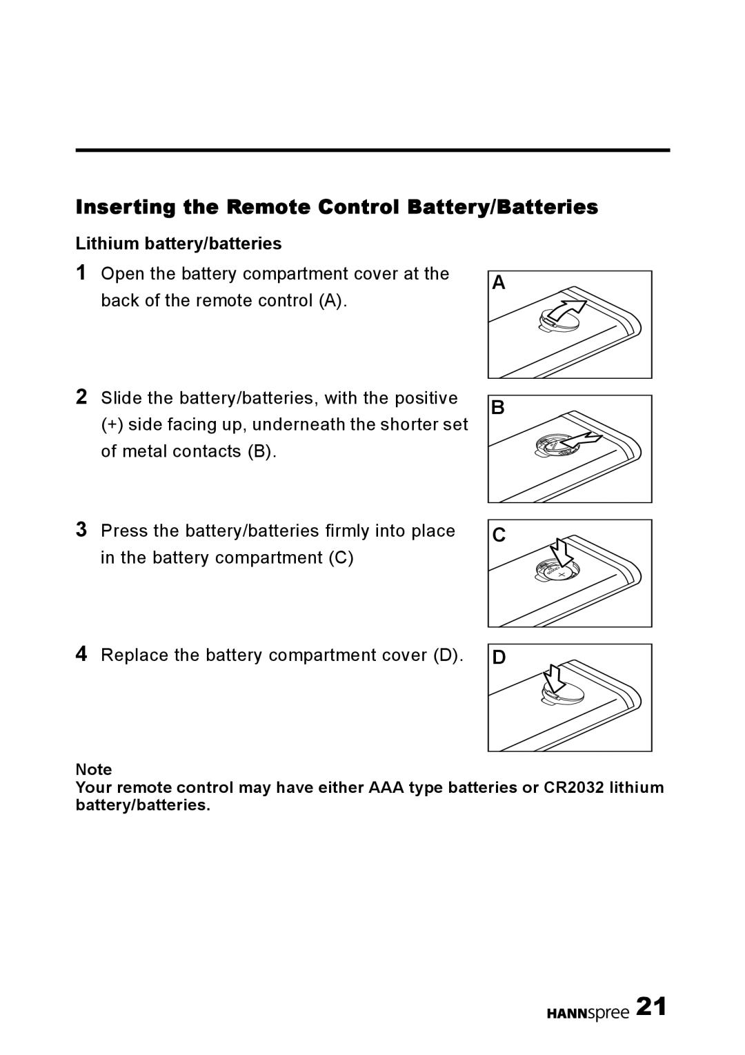 HANNspree LT0G-15U1-000 user manual Inserting the Remote Control Battery/Batteries, Lithium battery/batteries 