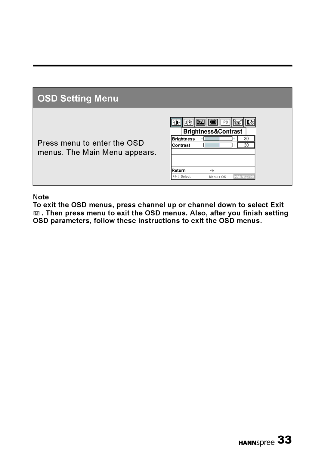 HANNspree LT0G-15U1-000 user manual OSD Setting Menu 