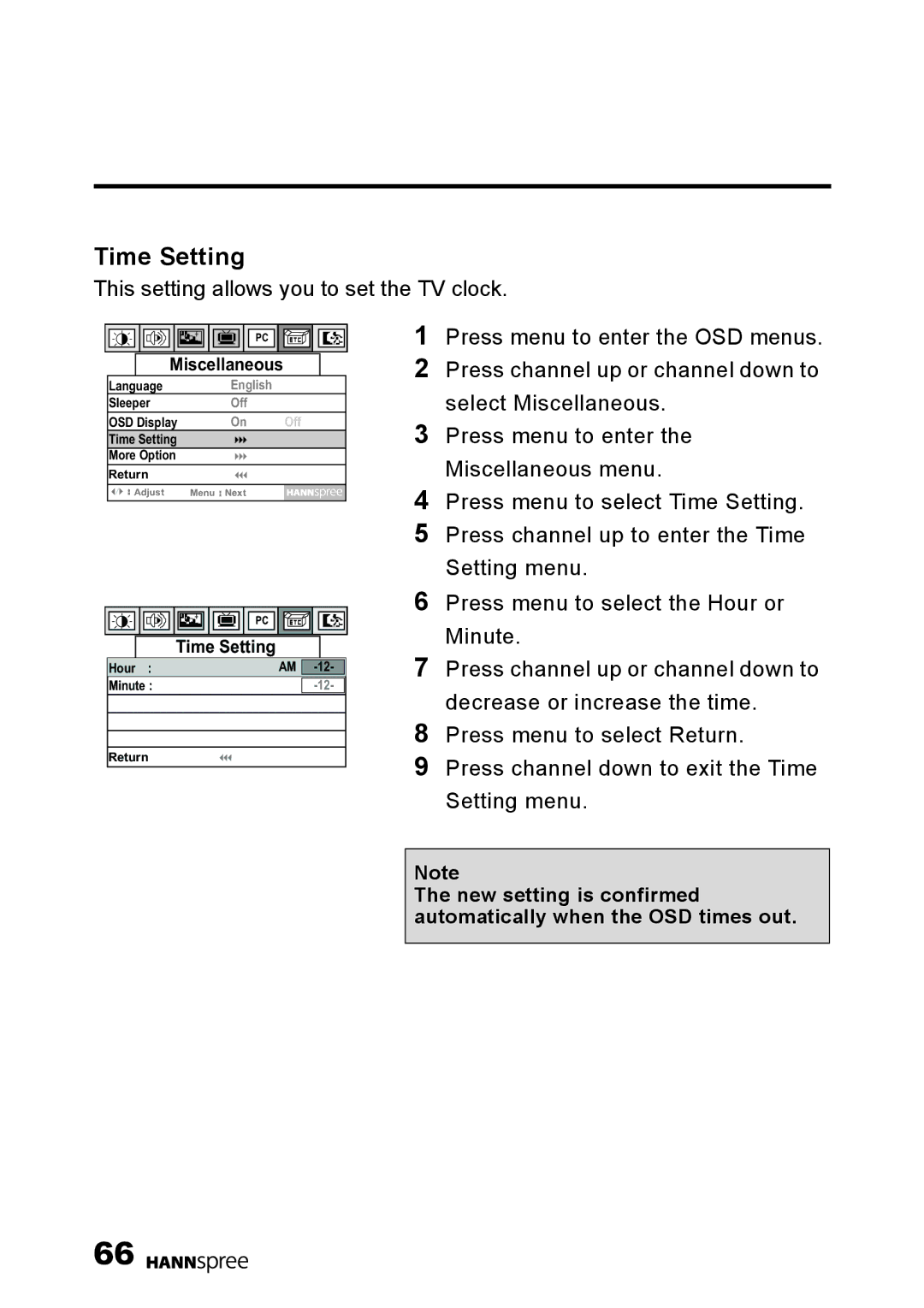 HANNspree LT0G-15U1-000 user manual Time Setting, This setting allows you to set the TV clock 