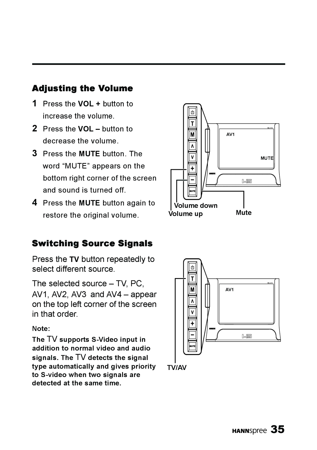 HANNspree LT11-23A1 user manual Adjusting the Volume, Switching Source Signals 