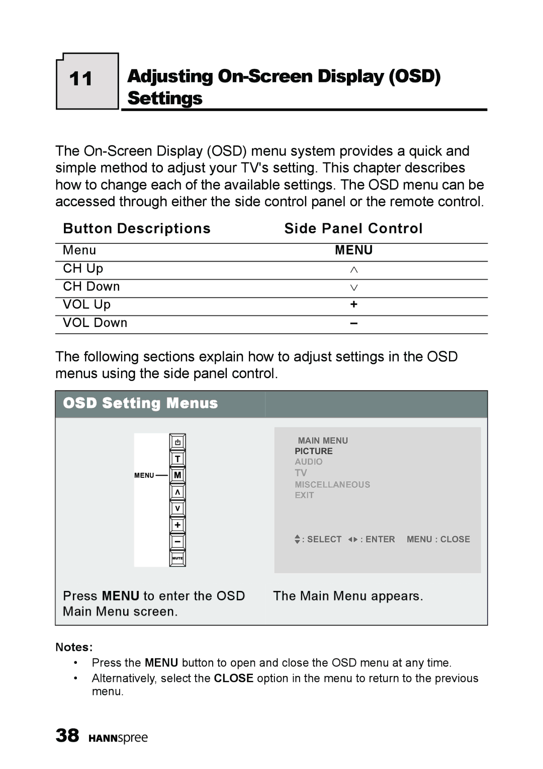 HANNspree LT11-23A1 user manual Adjusting On-Screen Display OSD Settings, Button Descriptions Side Panel Control 