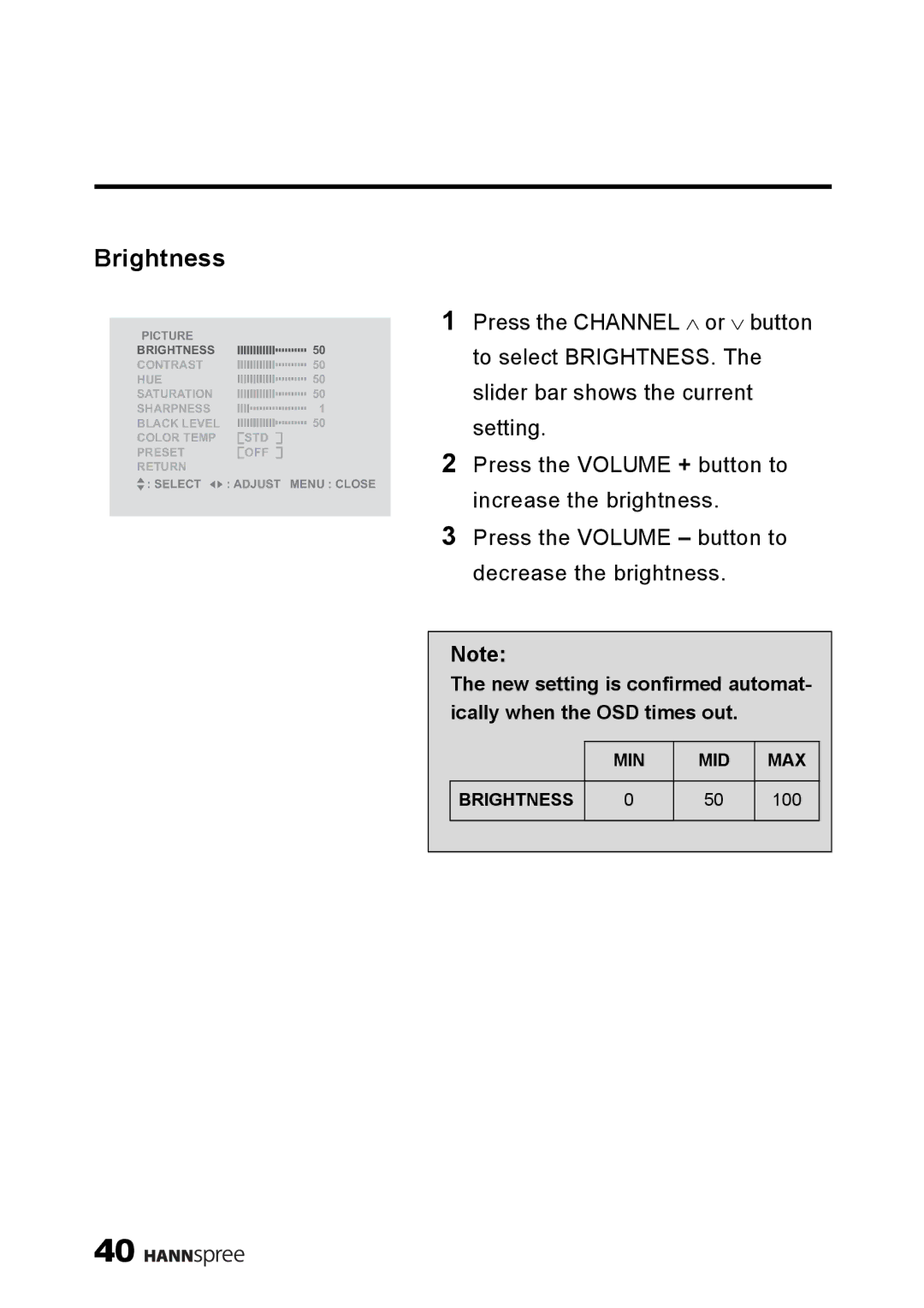 HANNspree LT11-23A1 user manual Brightness 