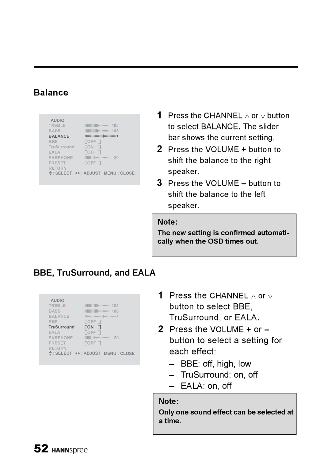 HANNspree LT11-23A1 user manual Balance, BBE, TruSurround, and Eala 