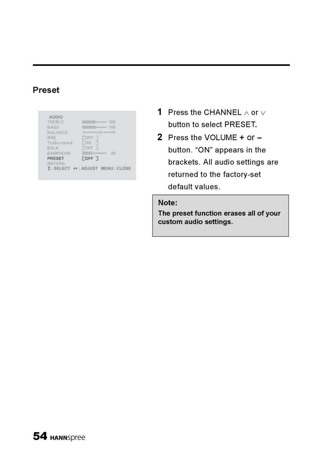 HANNspree LT11-23A1 user manual Preset function erases all of your custom audio settings 