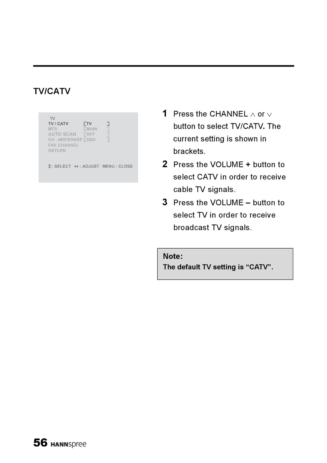 HANNspree LT11-23A1 user manual Tv/Catv 