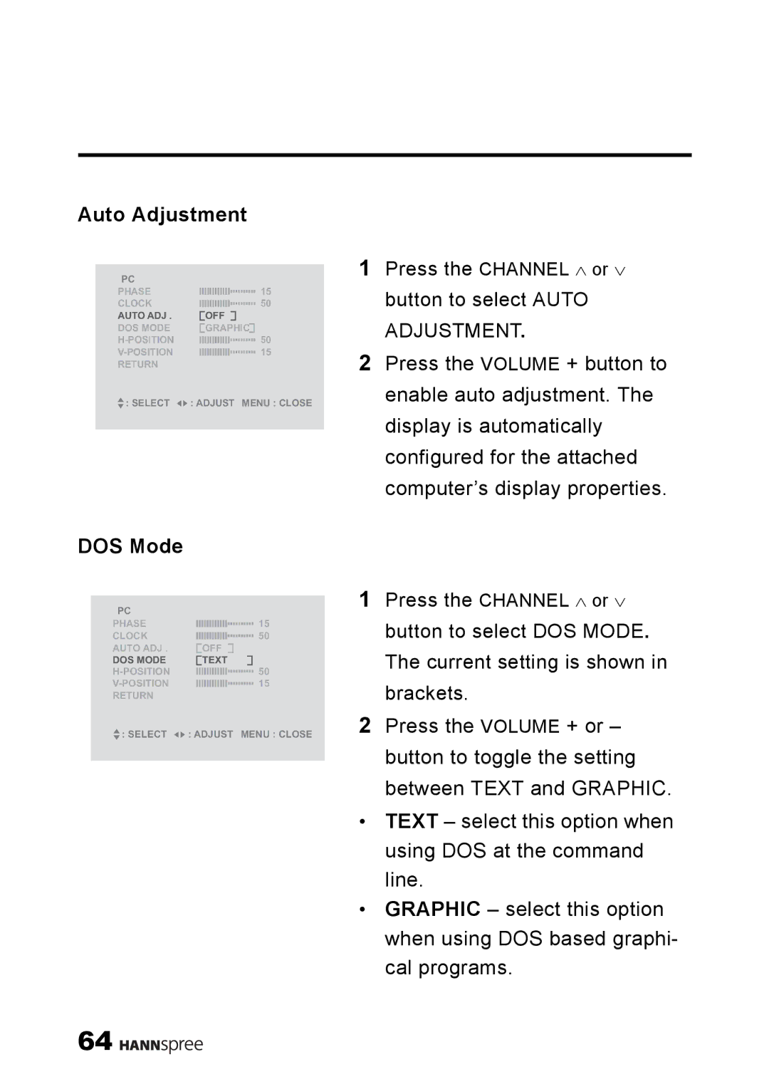 HANNspree LT11-23A1 user manual Auto Adjustment, DOS Mode 