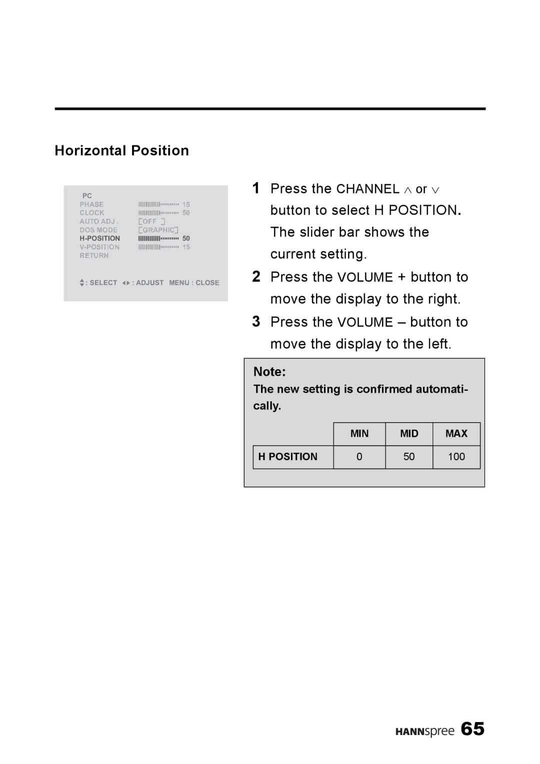 HANNspree LT11-23A1 user manual Horizontal Position 