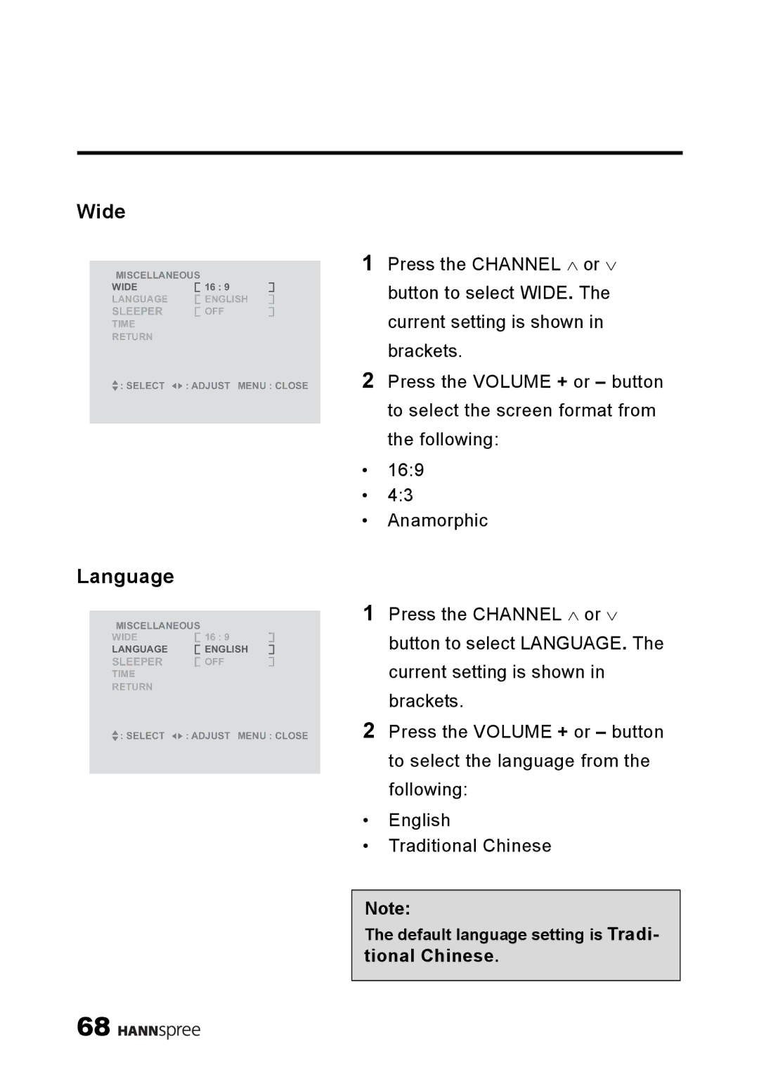 HANNspree LT11-23A1 user manual Wide, Language 