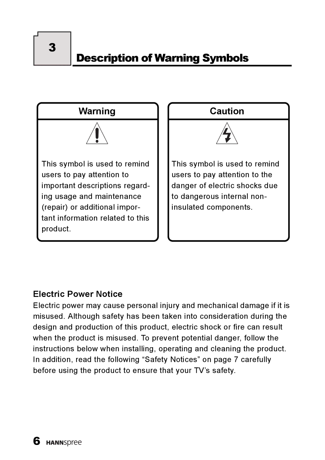 HANNspree LT11-23A1 user manual Description of Warning Symbols, Electric Power Notice 