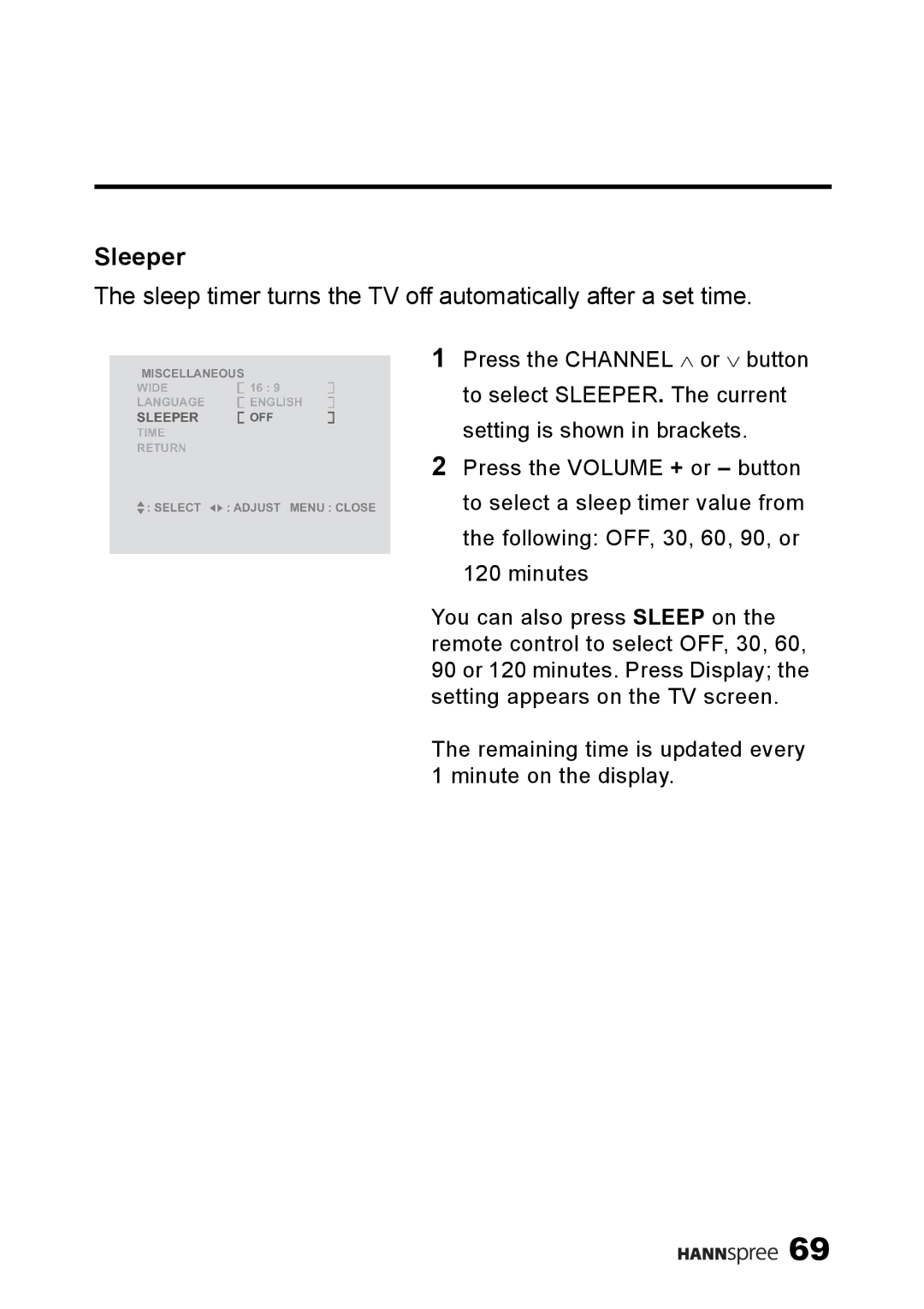 HANNspree LT11-23A1 user manual Sleeper, Sleep timer turns the TV off automatically after a set time 