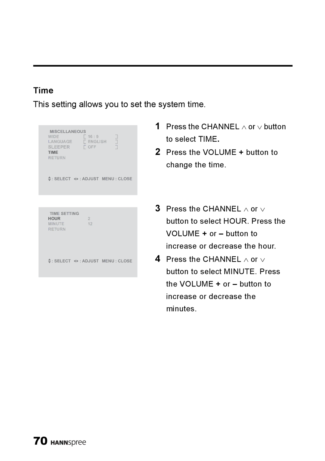 HANNspree LT11-23A1 user manual Time, This setting allows you to set the system time 