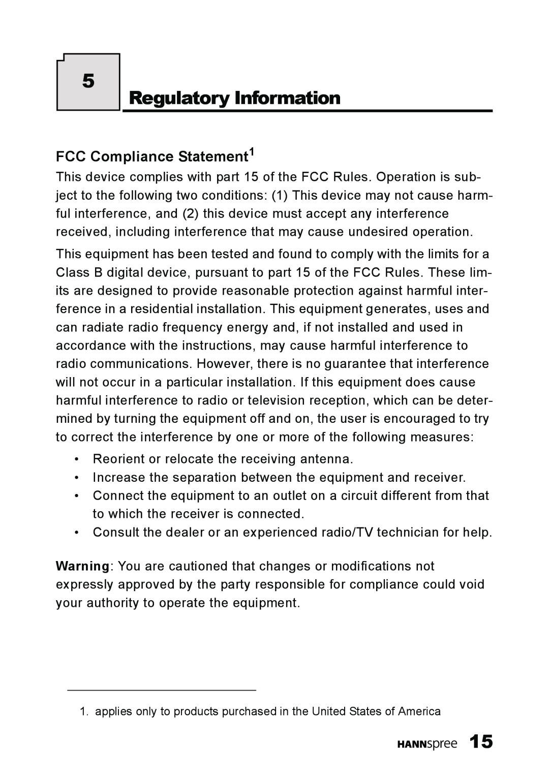 HANNspree LT11-23A1 user manual Regulatory Information, FCC Compliance Statement1 