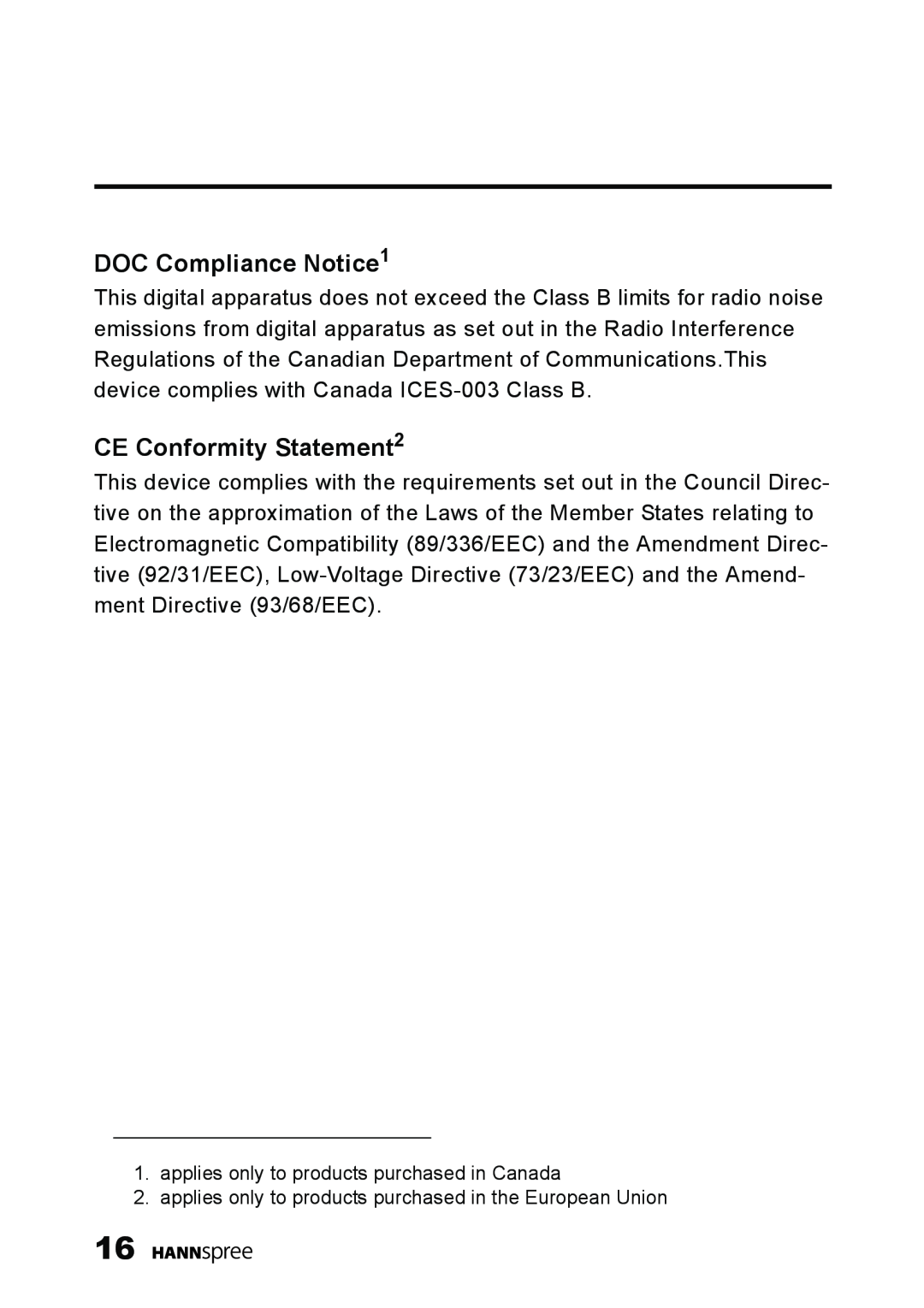 HANNspree LT11-23A1 DOC Compliance Notice1, CE Conformity Statement2, applies only to products purchased in Canada 