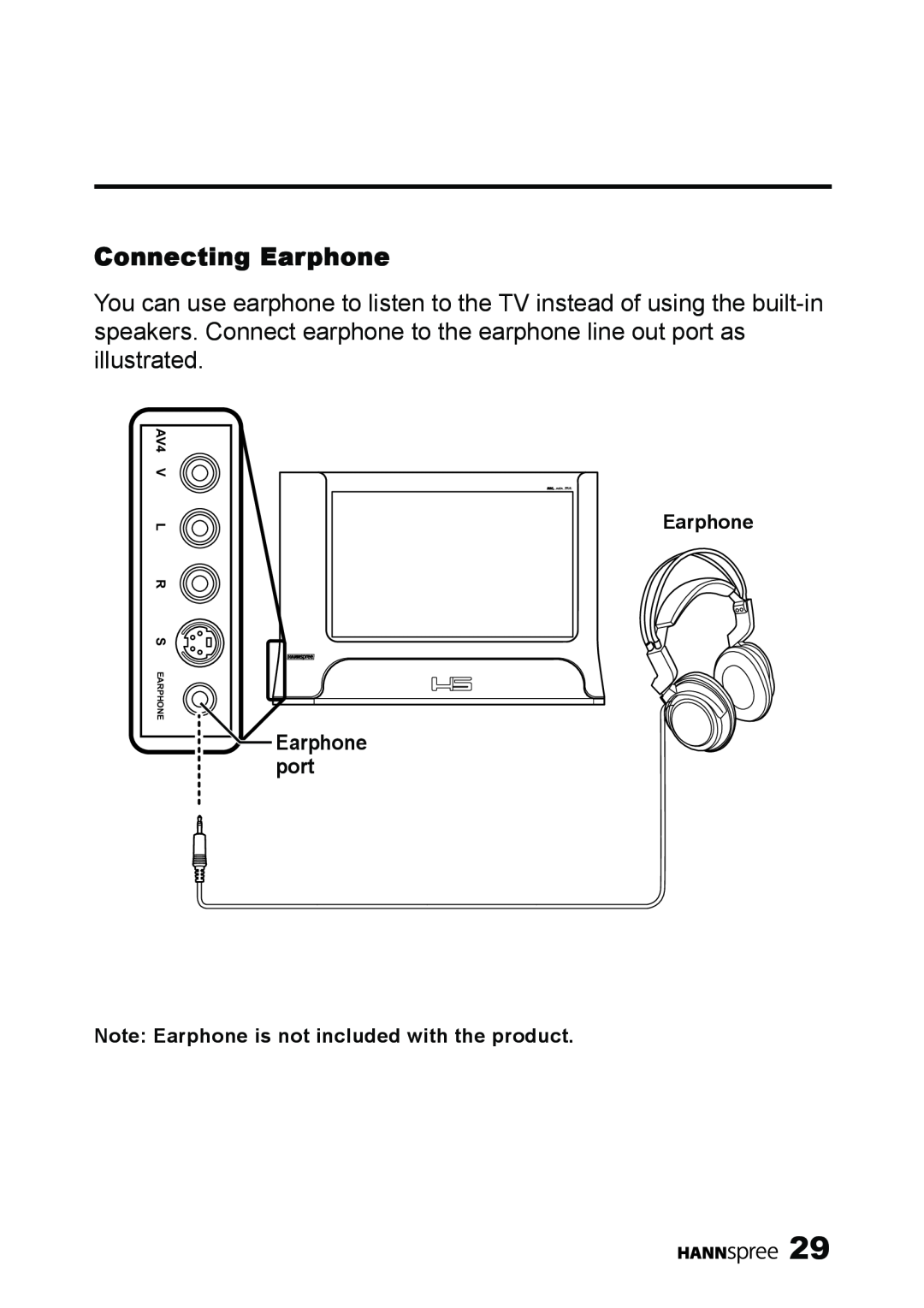 HANNspree LT11-23A1 user manual Connecting Earphone, Earphone port, Note Earphone is not included with the product 