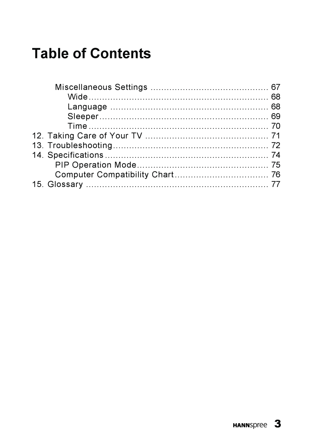 HANNspree LT11-23A1 user manual Table of Contents, Miscellaneous Settings 