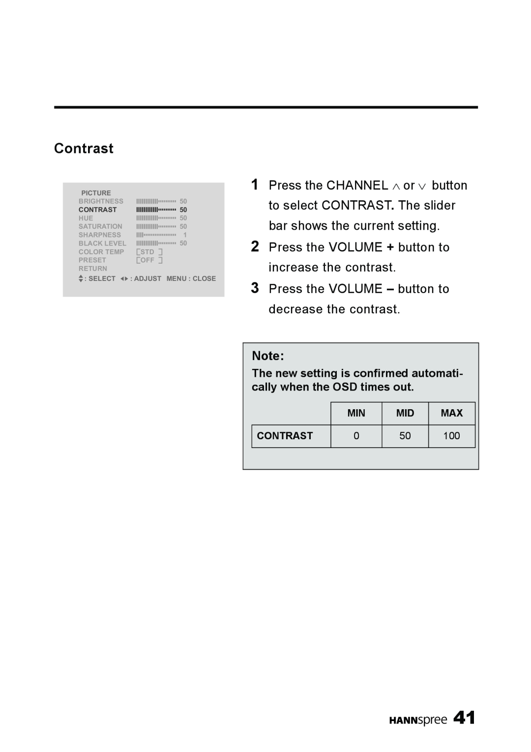 HANNspree LT11-23A1 user manual Contrast, The new setting is confirmed automati- cally when the OSD times out, Picture 