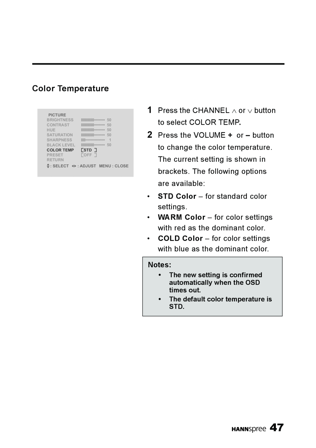 HANNspree LT11-23A1 user manual Color Temperature 
