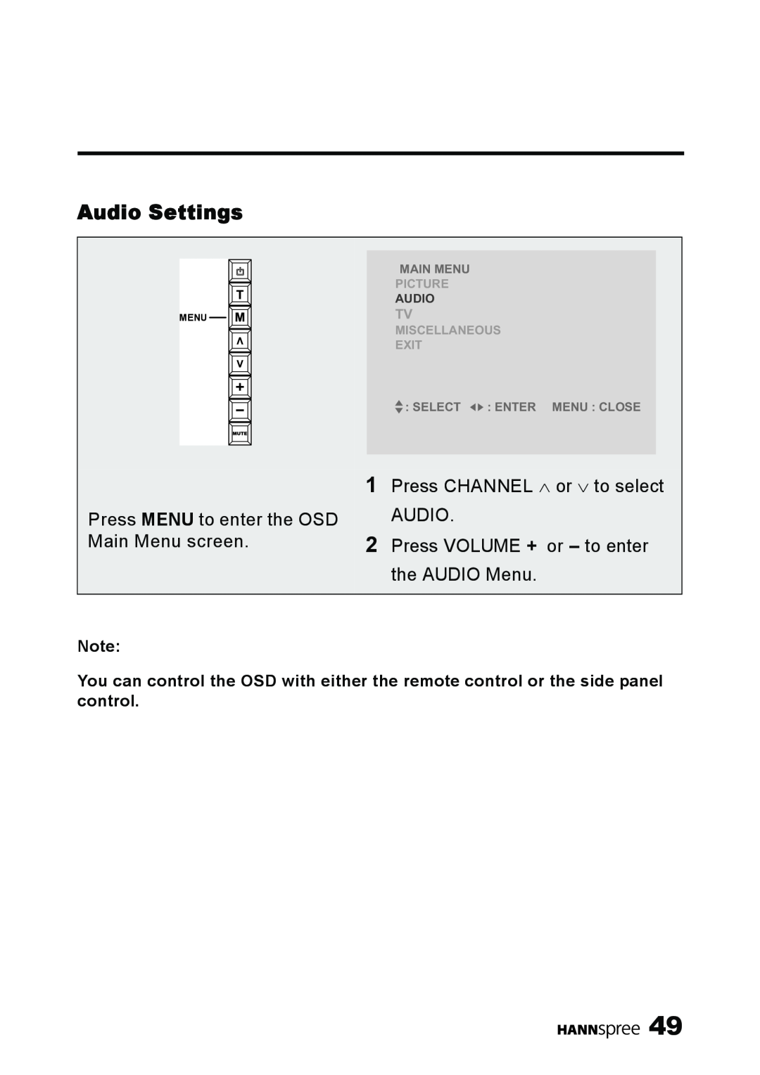 HANNspree LT11-23A1 user manual Audio Settings, Main Menu, Picture, Miscellaneous Exit, Select Enter Menu Close 