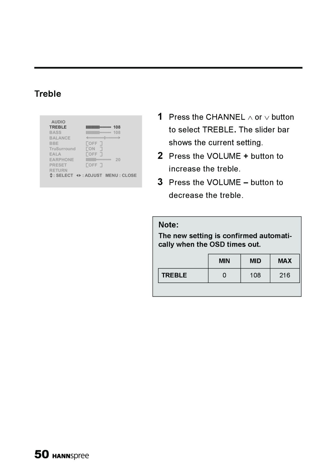 HANNspree LT11-23A1 user manual Treble, The new setting is confirmed automati- cally when the OSD times out, Audio, Select 