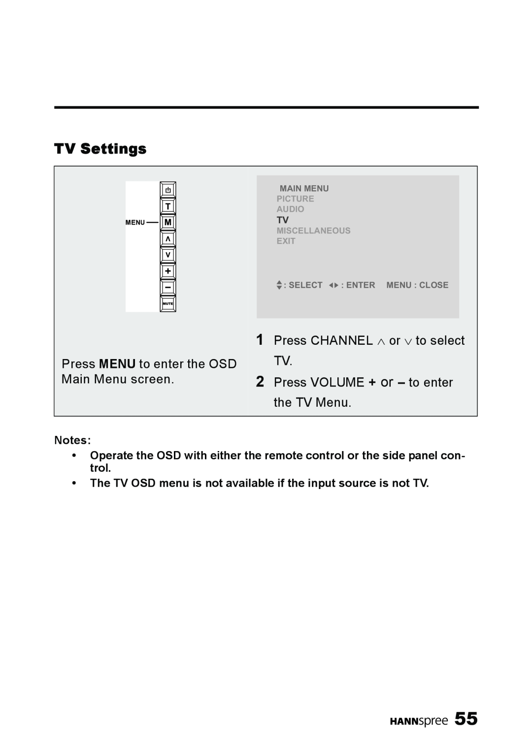 HANNspree LT11-23A1 TV Settings, The TV OSD menu is not available if the input source is not TV, Main Menu, Picture Audio 